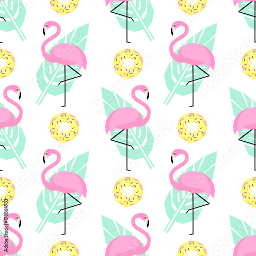Tropical trendy seamless pattern with pink flamingos, donuts and green palm leaves on white background. Exotic Hawaii art background. Design for fabric, wallpaper, textile and decor.