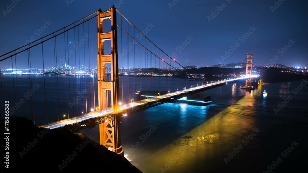 San Francisco Skyline Golden Gate Bridge Reflected On Ocean San Francisco Skyline Golden Gate Bridge Reflected On Ocean