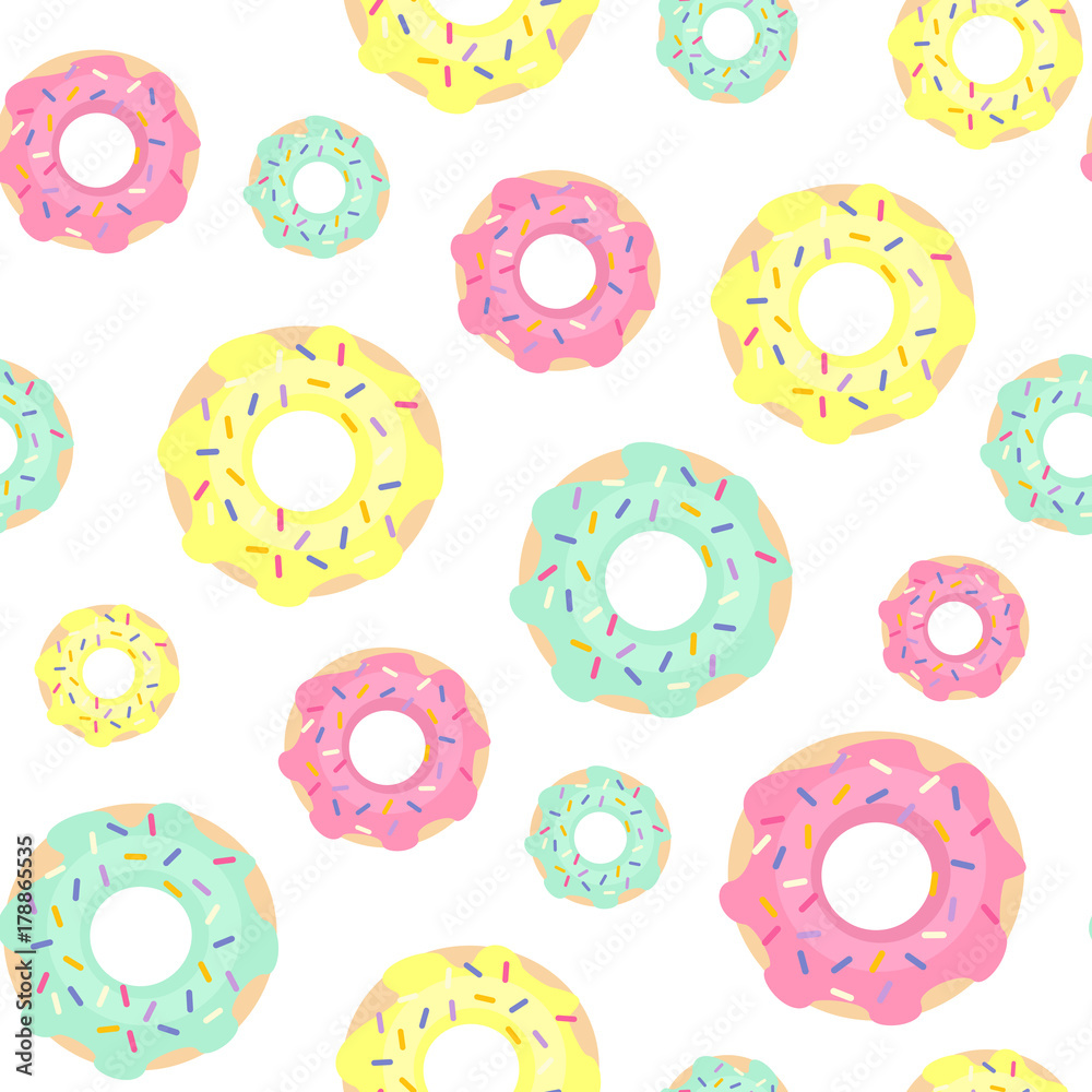 Bright donuts seamless pattern on white background. Cute sweet food baby  background. Colorful design for textile, wallpaper, fabric, decor. Stock  Vector | Adobe Stock