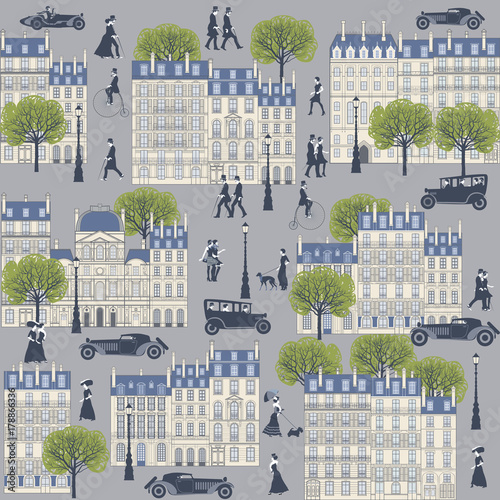 Canvas Print Old street of Paris with walking people and cars