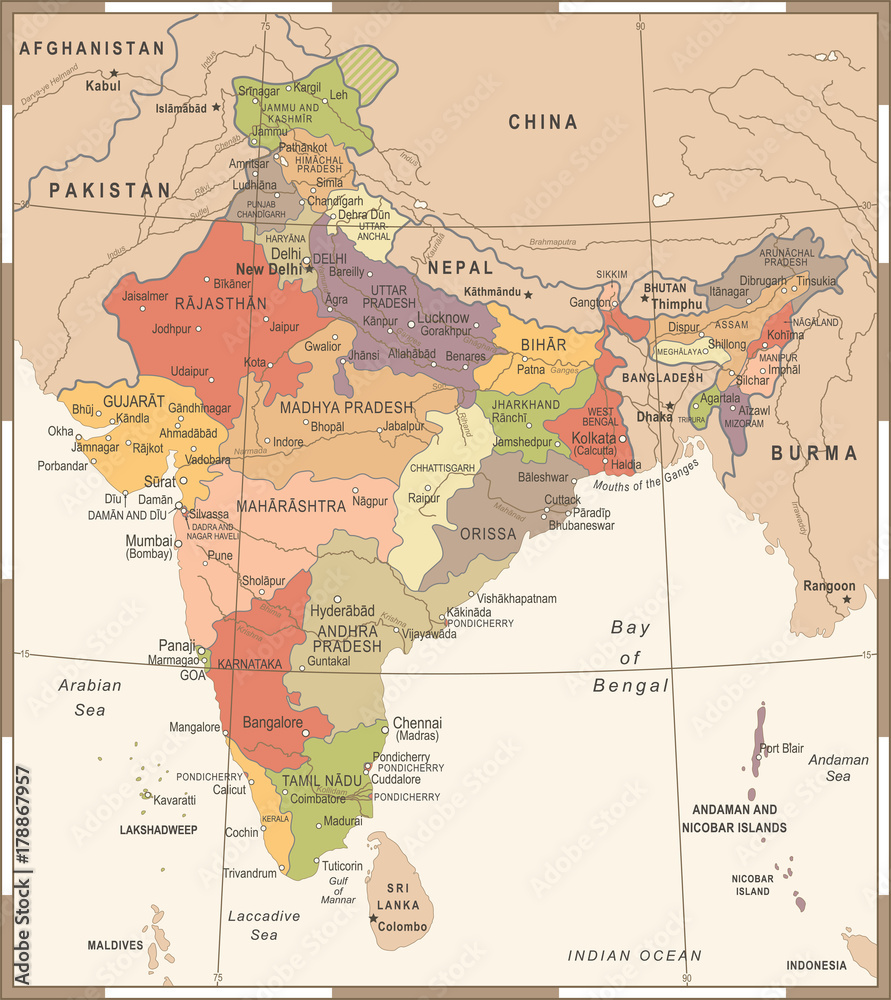 India Map - Vintage Vector Illustration