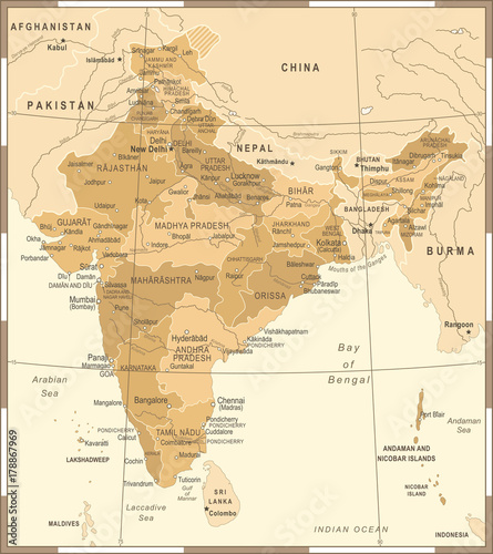 India Map - Vintage Vector Illustration