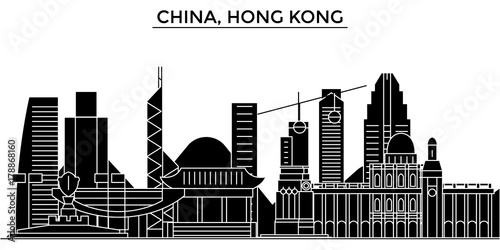 China, Hong Kong architecture skyline, buildings, silhouette, outline landscape, landmarks. Editable strokes. Flat design line banner, vector illustration concept. 