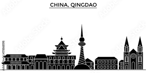 China, Qingdao architecture skyline, buildings, silhouette, outline landscape, landmarks. Editable strokes. Flat design line banner, vector illustration concept. 