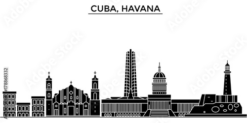 Cuba, Havana architecture skyline, buildings, silhouette, outline landscape, landmarks. Editable strokes. Flat design line banner, vector illustration concept. 