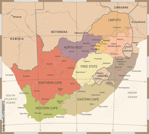 South Africa Map - Vintage Vector Illustration