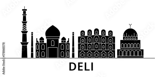 Deli architecture skyline, buildings, silhouette, outline landscape, landmarks. Editable strokes. Flat design line banner, vector illustration concept. 