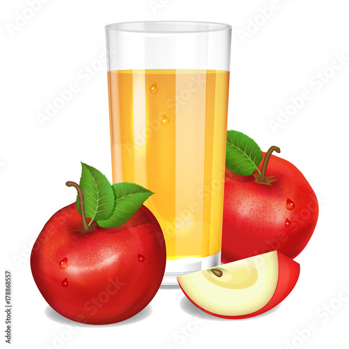 Fresh apple juice in glass, red apples and piece of apple. Realistic transparent tall glass of juice, vector illustration on white background.