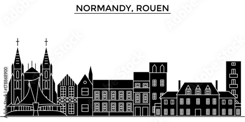 France, Normandy, Rouen architecture skyline, buildings, silhouette, outline landscape, landmarks. Editable strokes. Flat design line banner, vector illustration concept. 