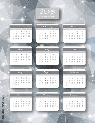 2018 year vector vertical calendar, week starts with Sunday. Set of 12 Months. Planner for 2018 Year. Geometric background with triangles and shining stars