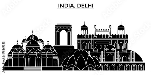India, Delhi architecture skyline, buildings, silhouette, outline landscape, landmarks. Editable strokes. Flat design line banner, vector illustration concept. 