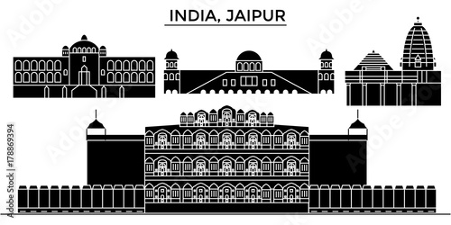 India, Jaipur architecture skyline, buildings, silhouette, outline landscape, landmarks. Editable strokes. Flat design line banner, vector illustration concept. 