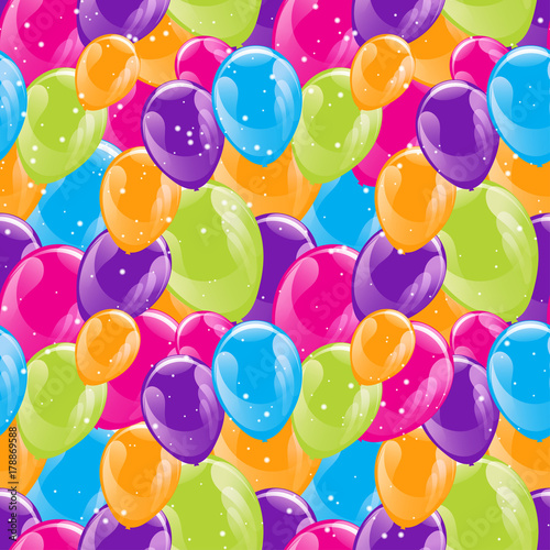 Flying glowing balloons colorful seamless pattern background, beautiful colorful illustration. Ideal for paper or fabric, birthday party designs
