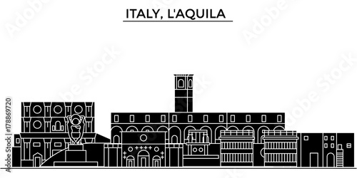 Italy, Laquila architecture skyline, buildings, silhouette, outline landscape, landmarks. Editable strokes. Flat design line banner, vector illustration concept. 