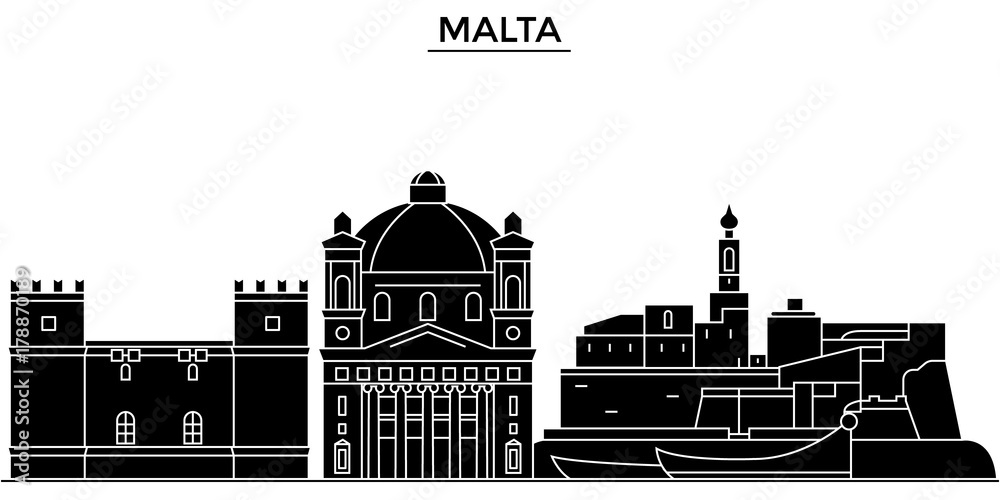 Malta architecture skyline, buildings, silhouette, outline landscape, landmarks. Editable strokes. Flat design line banner, vector illustration concept.  - obrazy, fototapety, plakaty 