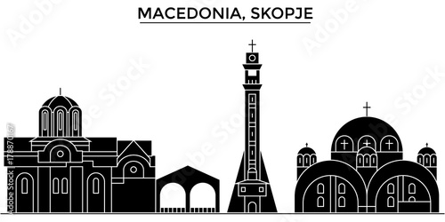 Macedonia, Skopje architecture skyline, buildings, silhouette, outline landscape, landmarks. Editable strokes. Flat design line banner, vector illustration concept. 
