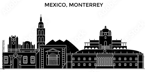 Mexico, Monterrey architecture skyline, buildings, silhouette, outline landscape, landmarks. Editable strokes. Flat design line banner, vector illustration concept. 