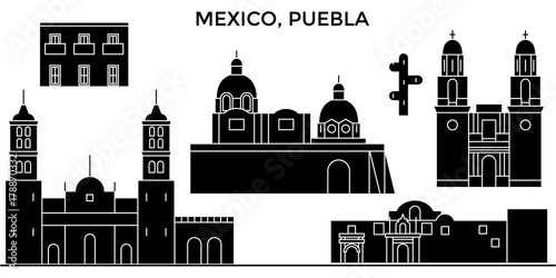 Mexico, Puebla architecture skyline, buildings, silhouette, outline landscape, landmarks. Editable strokes. Flat design line banner, vector illustration concept. 