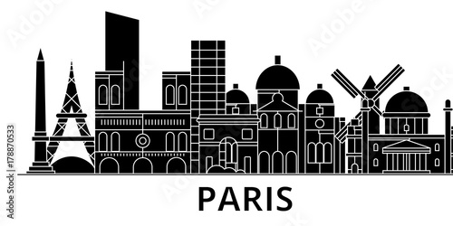 Paris architecture skyline, buildings, silhouette, outline landscape, landmarks. Editable strokes. Flat design line banner, vector illustration concept. 