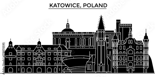 Poland, Katowice architecture skyline, buildings, silhouette, outline landscape, landmarks. Editable strokes. Flat design line banner, vector illustration concept. 