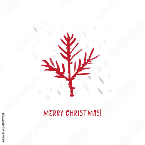 Hand-drawn festive Christmas and New Year card with holiday symbols treeand calligraphic greeting inscription