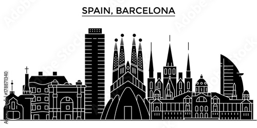 Spain, Barcelona architecture skyline, buildings, silhouette, outline landscape, landmarks. Editable strokes. Flat design line banner, vector illustration concept. 