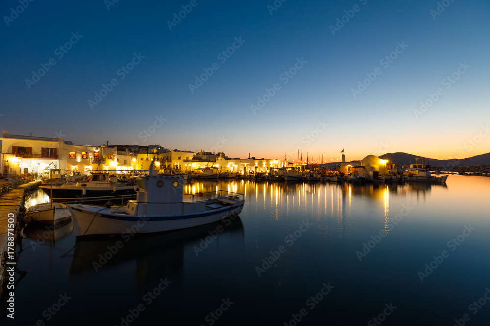 Fisher port at Naoussa, Paros, Greece at sunset, long time exposure