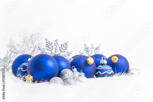 Arrangement of blue Christmas ornaments