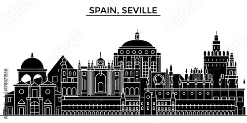 Spain, Seville architecture skyline, buildings, silhouette, outline landscape, landmarks. Editable strokes. Flat design line banner, vector illustration concept. 