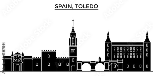 Spain, Toledo architecture skyline, buildings, silhouette, outline landscape, landmarks. Editable strokes. Flat design line banner, vector illustration concept. 