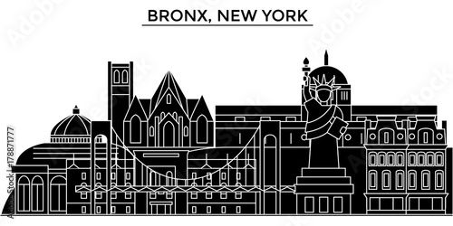Usa, Bronx, New York architecture skyline, buildings, silhouette, outline landscape, landmarks. Editable strokes. Flat design line banner, vector illustration concept. 