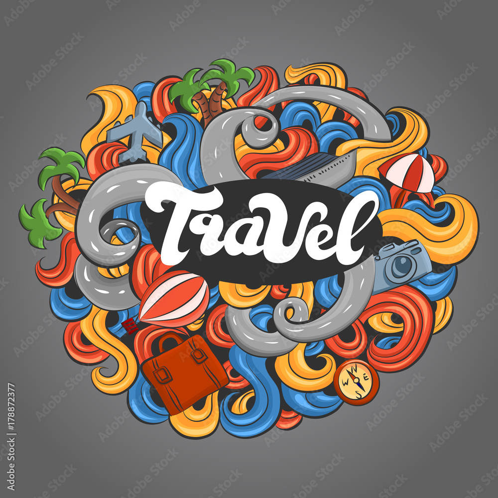 colored hand-painted poster with doodles on travel theme, vector illustration