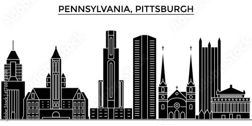 Usa, Pennsylvania  Pittsburgh architecture skyline, buildings, silhouette, outline landscape, landmarks. Editable strokes. Flat design line banner, vector illustration concept. 