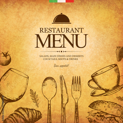 Restaurant menu design. Vector menu brochure template for cafe, coffee house, restaurant, bar. Food and drinks logotype symbol design. With a sketch pictures