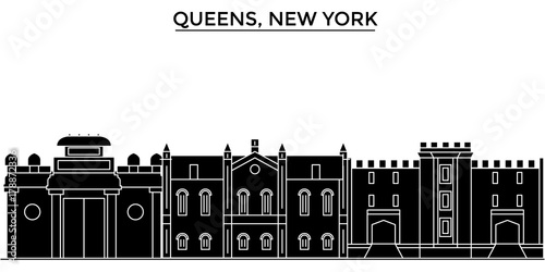 Usa, Queens, New York architecture skyline, buildings, silhouette, outline landscape, landmarks. Editable strokes. Flat design line banner, vector illustration concept. 