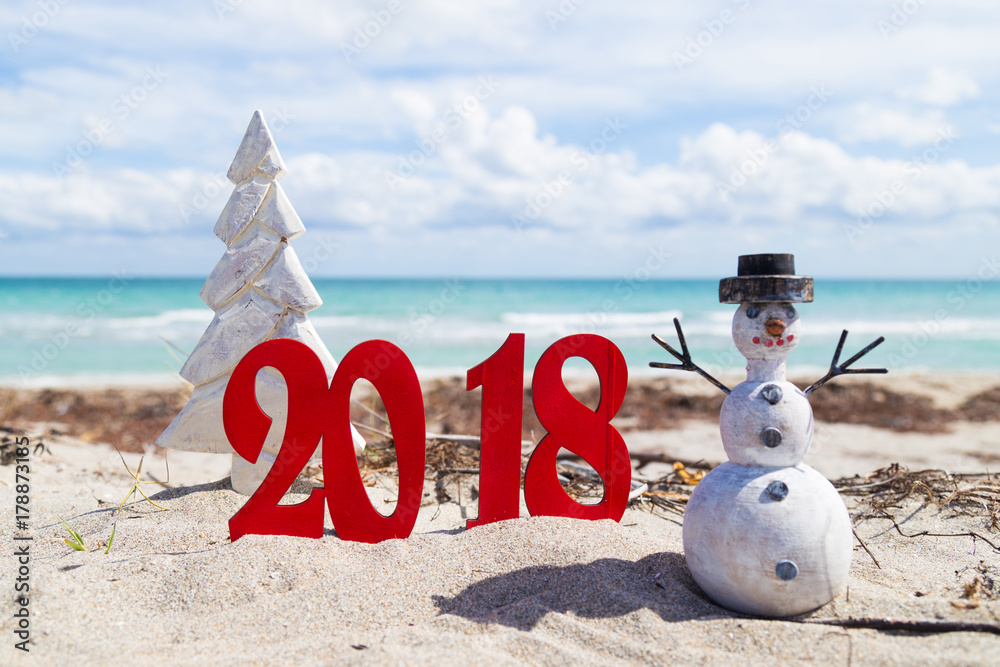 Φωτογραφία Wooden Christmas tree, Snowman and year 2018 number at the beach,