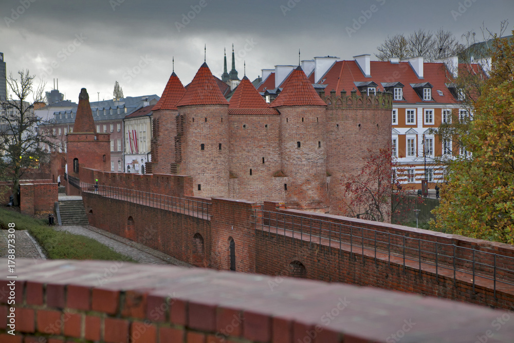Walls and towers of the Warsaw barbican, between the Old and New Town. The major tourist attraction