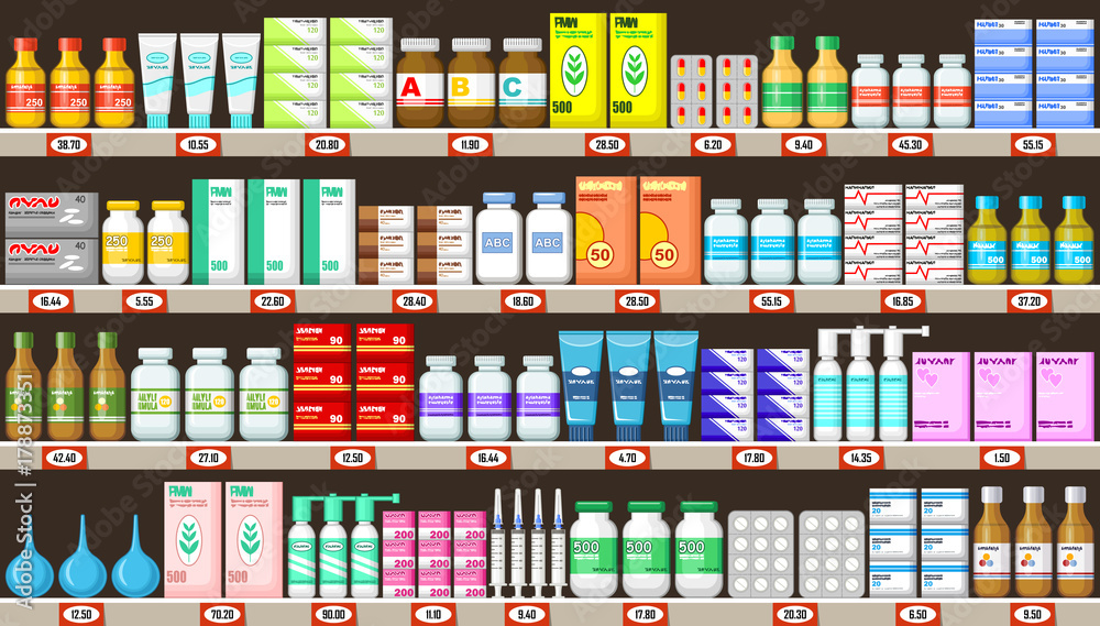 Pharmacy shelves with medicine