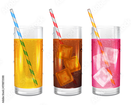 Three realistic glasses of beverages with straws. Cola with ice cubes. Yellow lemonade. Strawberry pink soda. Transparent tall glasses of lemonade. Vector illustration on white background.
