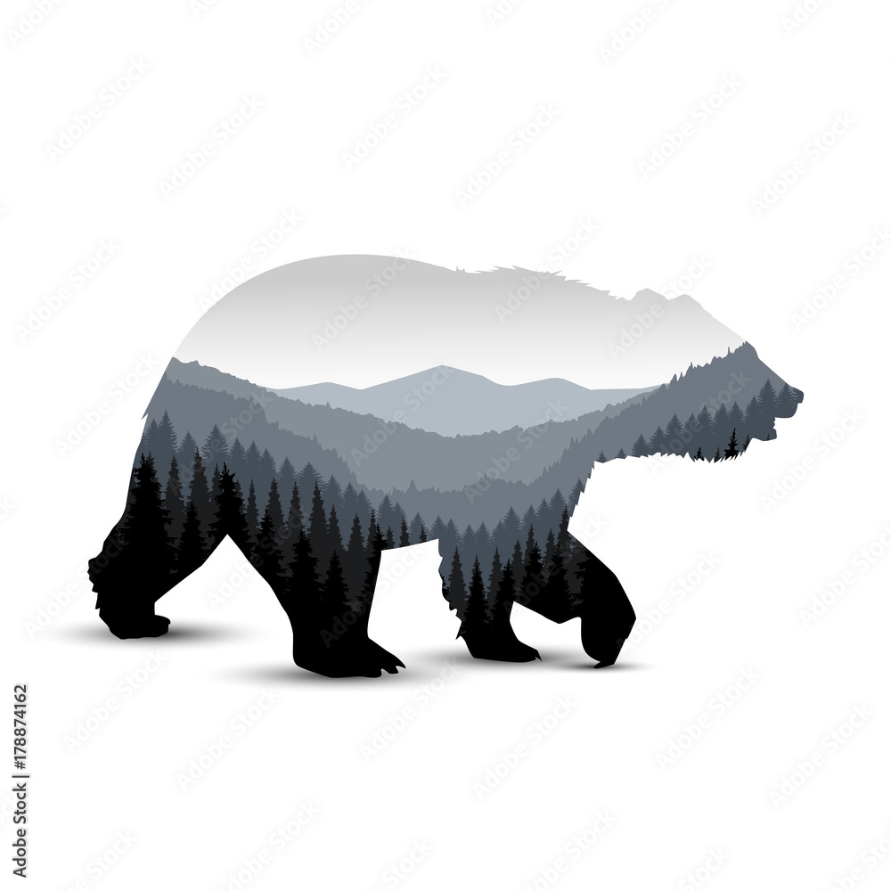 Fototapeta premium Sylwetka niedźwiedzia z panoramą gór. Szare odcienie.