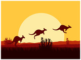  Australian desert. Silhouette of kangaroo. Sunset.