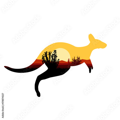 Image silhouette of jumping australian kangaroo with desert bush.