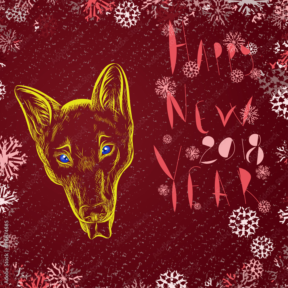 Cover template for greeting card with congratulation Happy New Year with a muzzle of a yellow dog on the snowflakes background