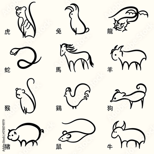 Set Of Styled outline Chinese Zodiac years Signs of the animals on line art with hieroglyphs of animal names 