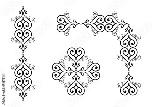 Ornament set of black vector ornaments including scrolls, repeating borders, rule lines and corner elements