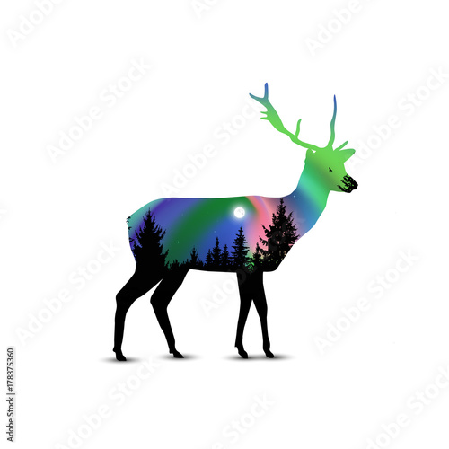 Silhouette of deer with coniferous trees on the background of colorful sky.  Moon. Night. Northern lights.