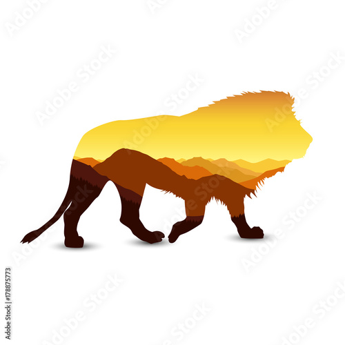 Silhouette of lion with dry panorama  landscape. Sunset. Heat.