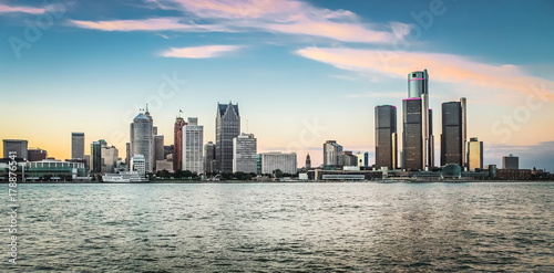Detroit City Skyline at dusk as viewed from Windsor, Ontario, Canada. photo