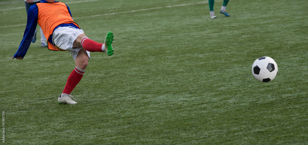 Fototapeta premium Young Soccer Players Running After the Ball.