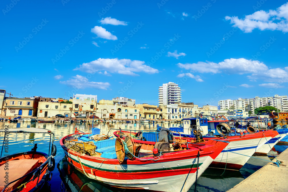 Colorful fishing boats in old port Bizerte. Tunisia, North Africa